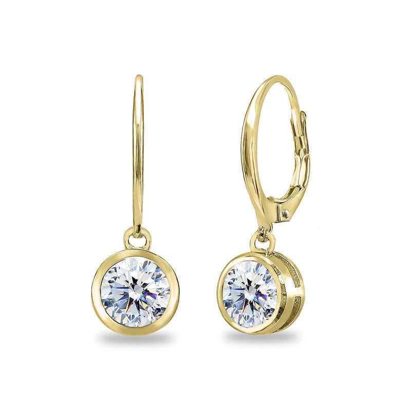 B. BRILLIANT Dangle Earrings for Women | Yellow Gold Flashed Sterling Silver 6mm Round Bezel-Set CZ Triple A Cubic Zirconia Drop Earrings for Bridesmaids - Image 1